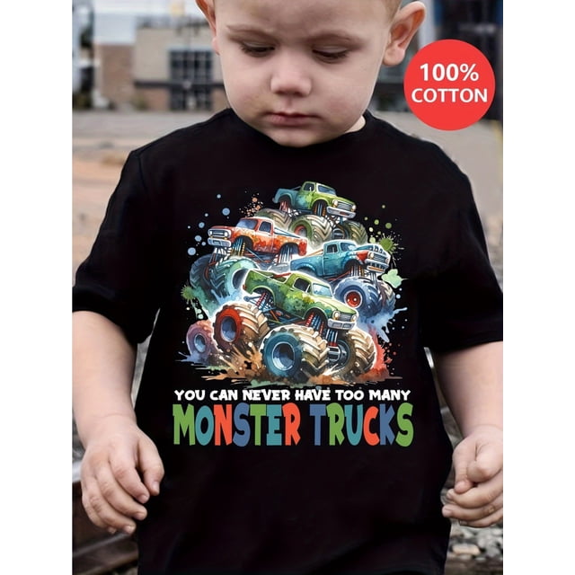 Pure Cotton - Casual Comfy Boys' Summer Top - MONSTER TRUCKS Cartoon Print Short Sleeve Crew Neck T-shirt - Creative Tee Gift