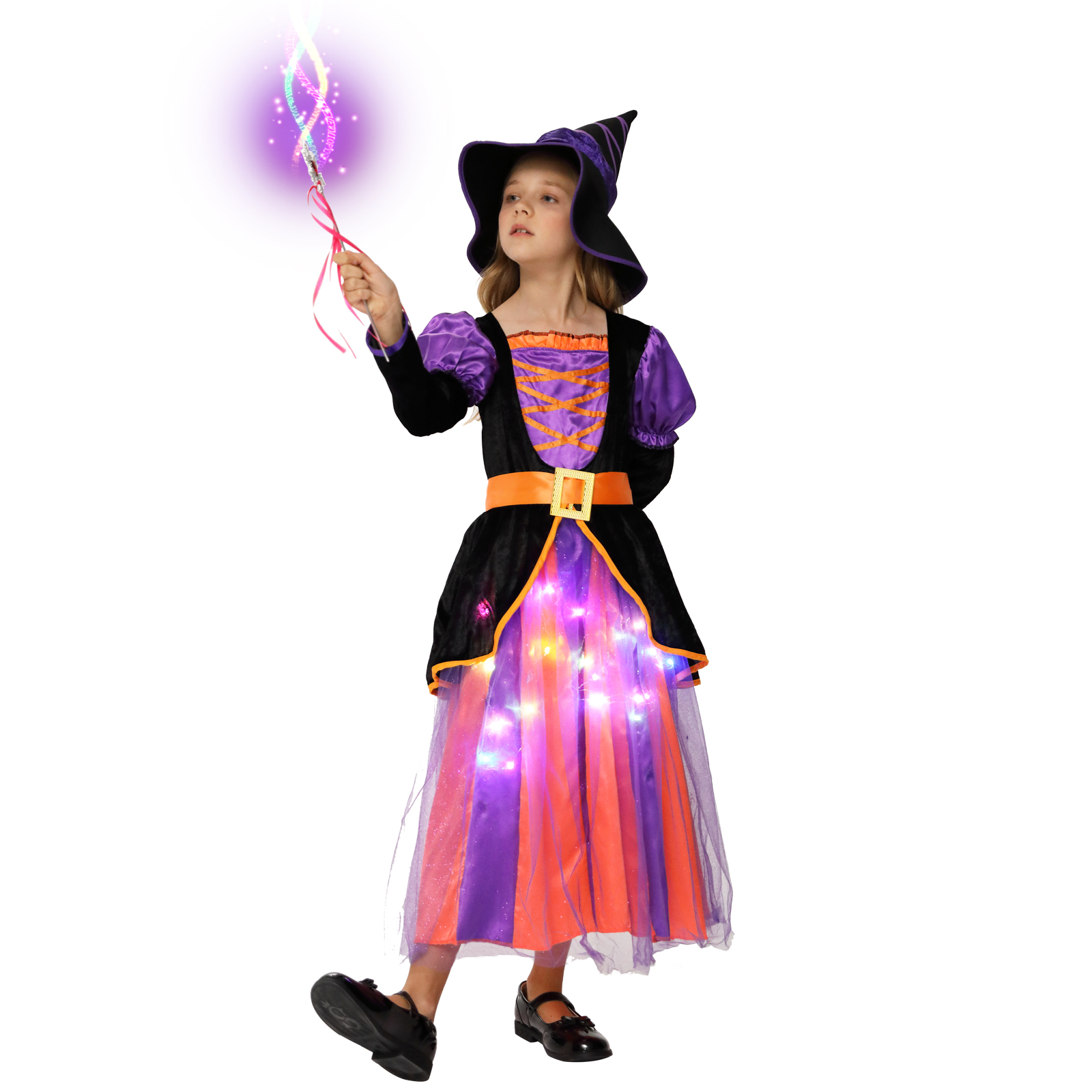 HAEMORE Light Up Witch Costume For Girls,Halloween Witch Cosplay Dress