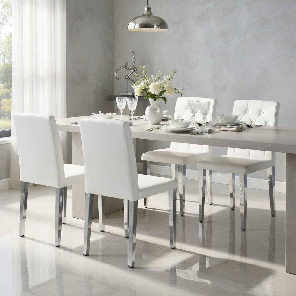 Hommoo 4-Pack PU Dining Chairs with Ergonomic Buckle Backrest, 35 in Height, Metal Legs, Modern Comfort Seating for Dining Room, Restaurant & Hotel Banquet Hall, White & Sliver