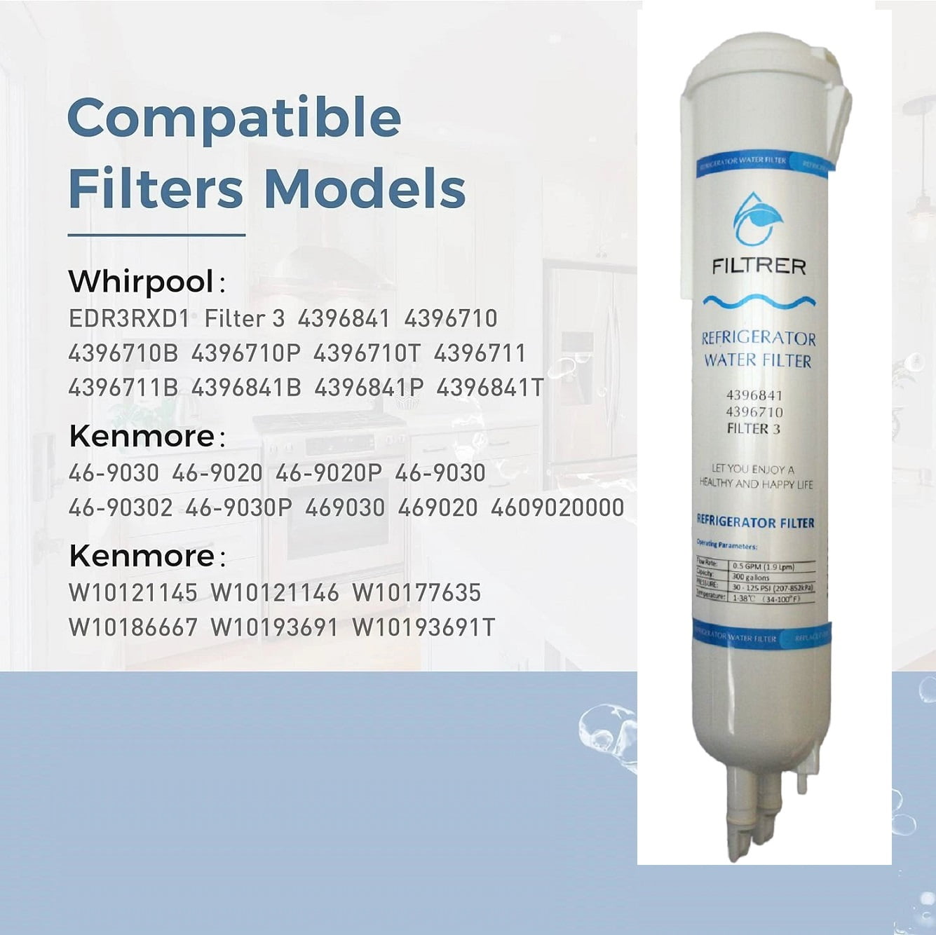 3 Pack EDR3/RXD1 Water Filter Replacement Compatible with R.efrigerator Filter WHR3RXD1 4396841 4396710 46-9083 P1RFWB2 P1WB2 T1RFKB1,