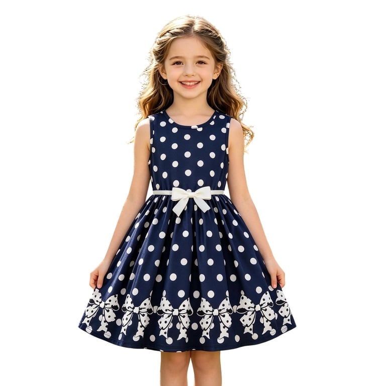 Little Dresses For Girls With Polka Bow Print Sleeveless Play Outfit Graduation Dress For Girls Size 5-6T