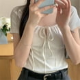 thumbnail image 4 of Mittory Women Summer Bow Tie Shirts Cute Ruched Short Sleeved T-Shirt Coquette Slim Fit Crop Tees Top Streetwear, 4 of 4