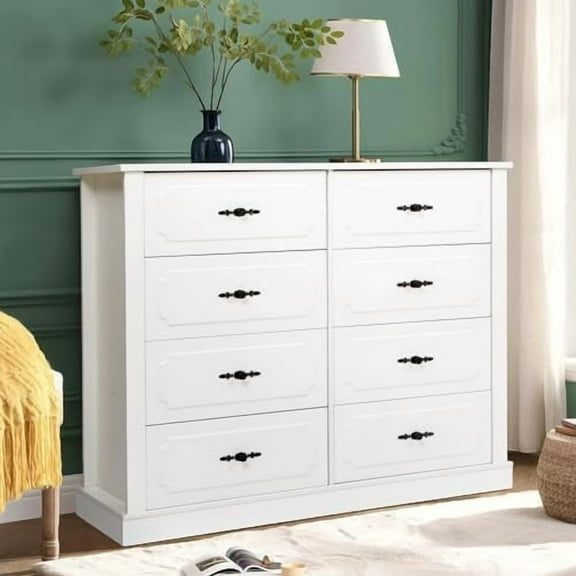 White 8 Drawer Dresser for Bedroom, 47.2" Wide Farmhouse Chest of Drawers Dresser with Vintage Handles, Modern Floor Wood Double Storage Dresser Cabinet for Living Room Hallway Office