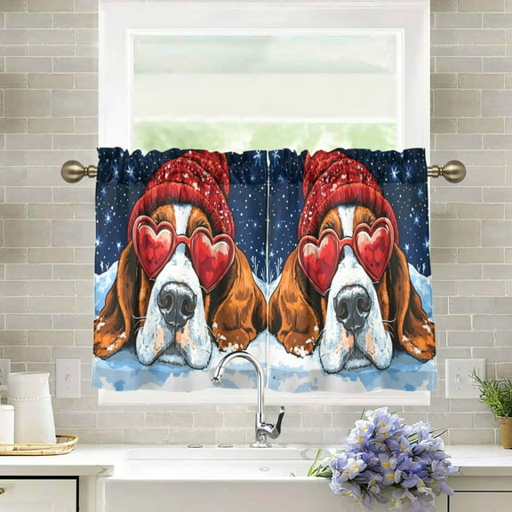 Wobogo Snow Basset Hound Kitchen Curtains 2 Piece Set Farmhouse Country Style Light Filtering Small Window Drapes Suitable for Bathroom Laundry Room and RV 27x24in