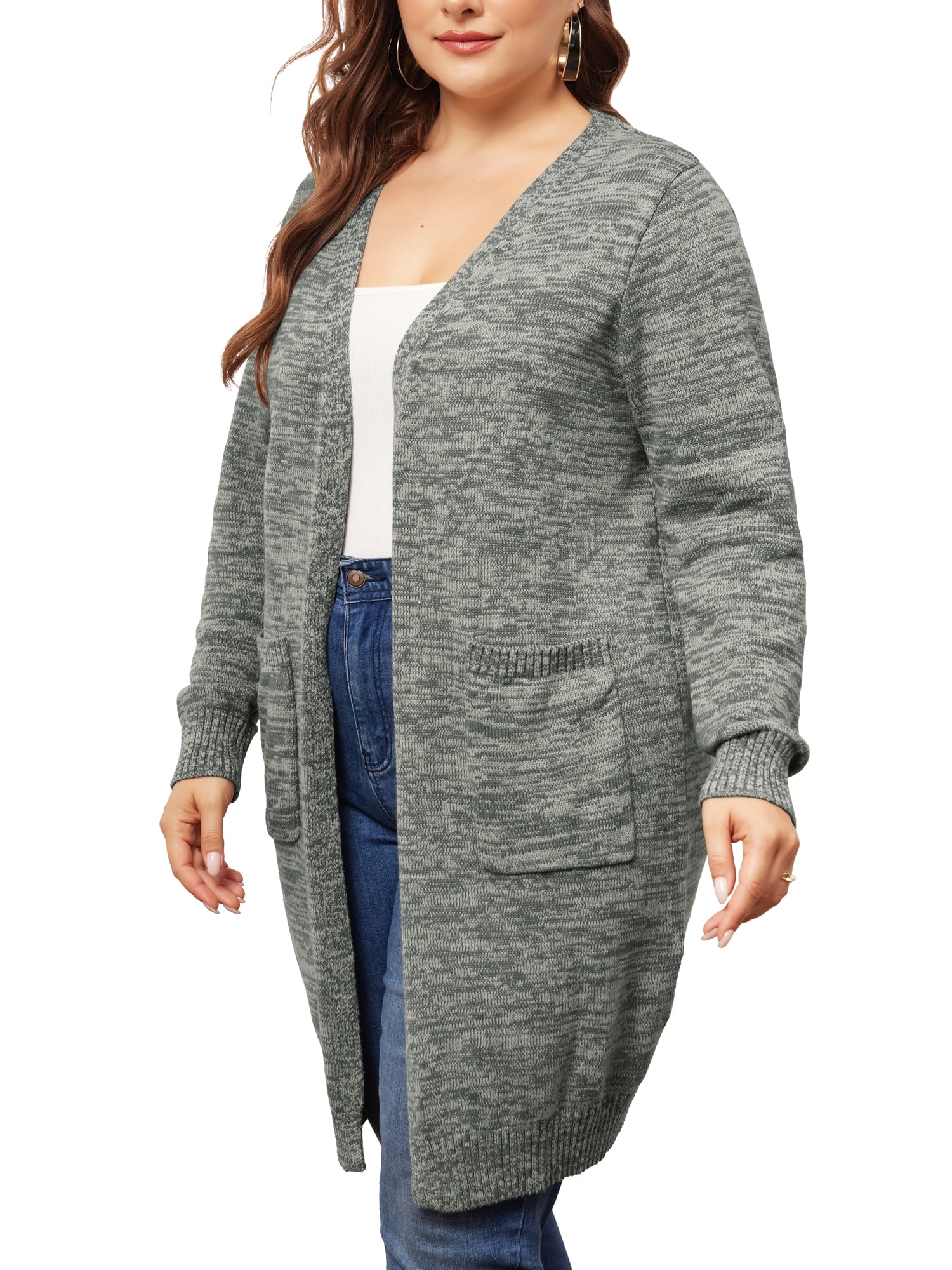 DARING DIVA Plus Size Contrast Color Open Front Long Sleeve Cardigan 1X Grey