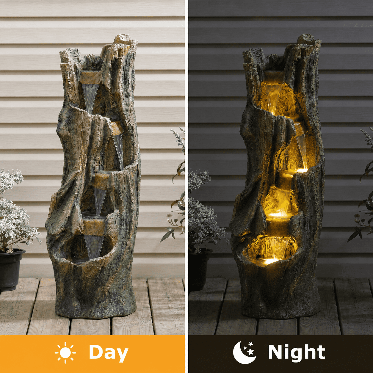Aukfa Tree Design Outdoor Water Fountain with LED Lights, Tall Resin Waterfall Feature for Patio Garden Backyard,Gray