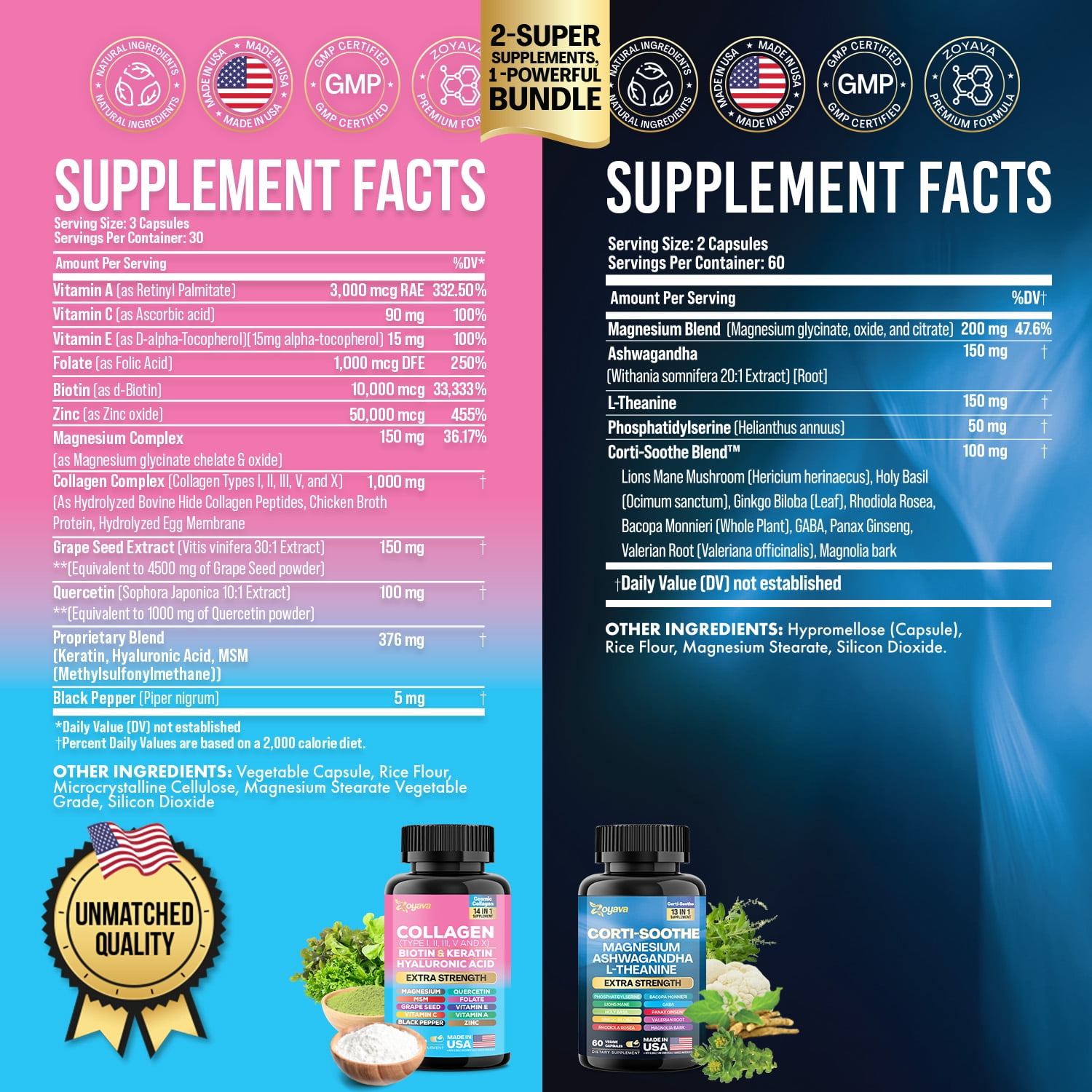 Zoyava Collagen Capsules with Ashwagandha, L-Theanine, Magnesium, Biotin, Hyaluronic Acid, Keratin, Folate