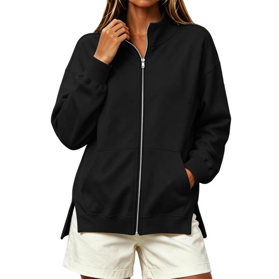 Ghalytn Women's Fleece Lined Full Zip Jacket Stand Collar Long Sleeve Casual Sweatshirt Coat with Pockets