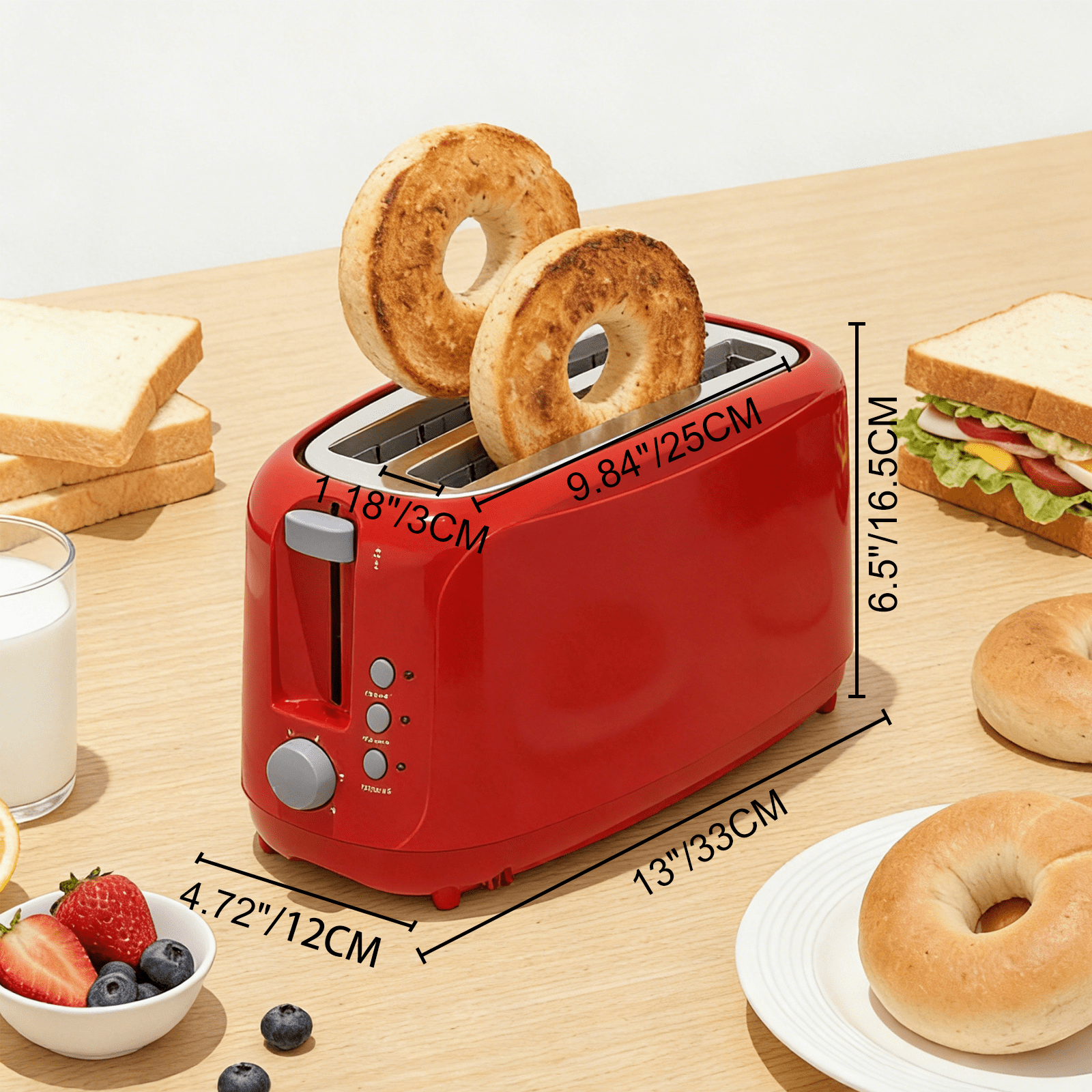 4 Slice Extra Long Slot Toaster with 6 Browning Levels & Defrost/Reheat Functions,Waffles,Red