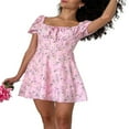 thumbnail image 4 of Women Floral Puff Sleeve Mini Dress Drawstring Ruched Square Neck A Line Summer Short Dress, 4 of 5