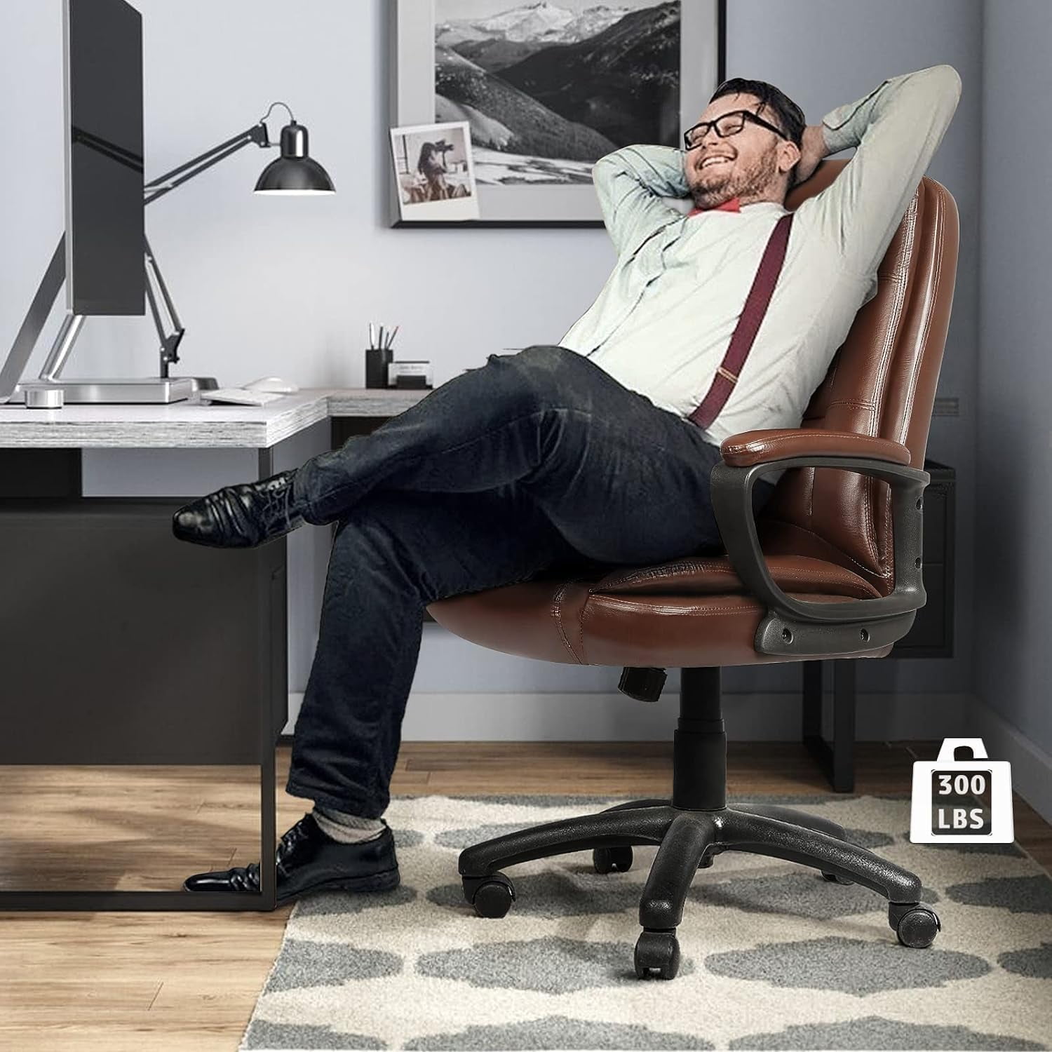 LEMBERI Office Desk Chair, Big and Tall High Back Managerial Executive Computer Chair, Ergonomic Height Adjustable PU Leather Chairs with Cushions Armrest for Long Time Sitting (Brown)