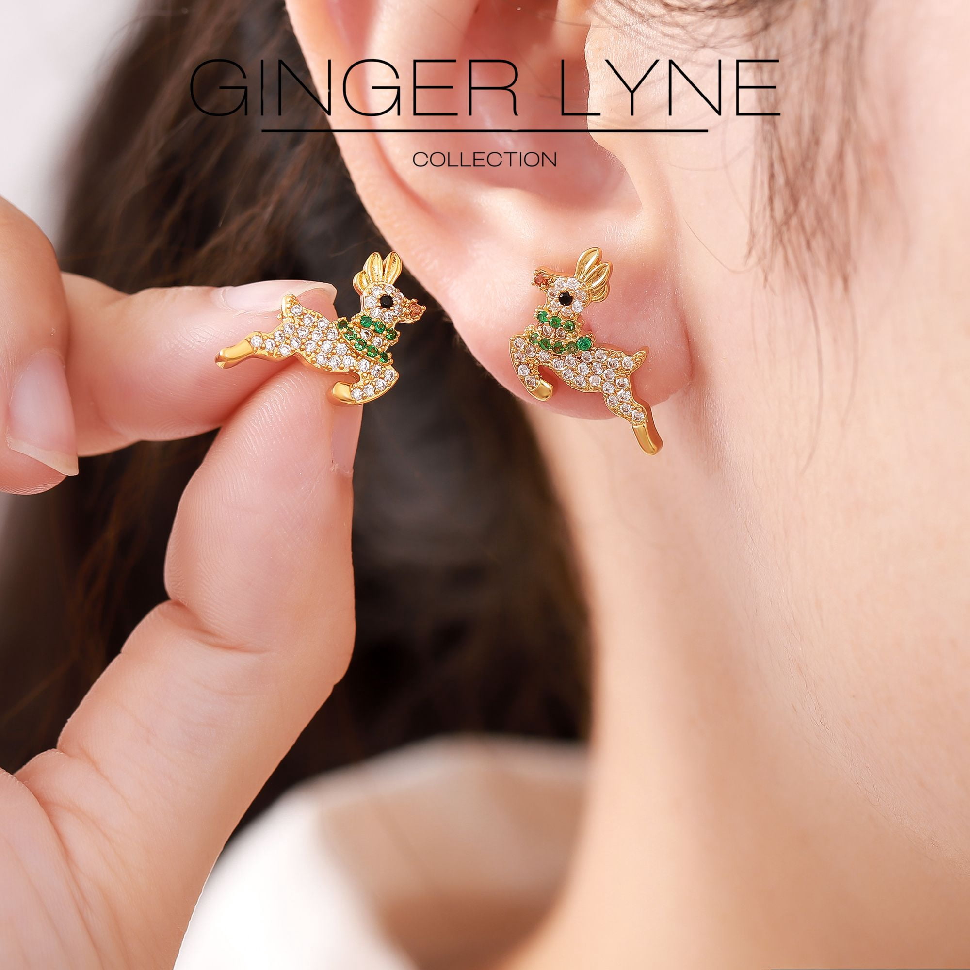 Christmas Reindeer Earrings Womens Flying Deer 14KT Gold Plated Stud CZ Ginger Lyne Collection