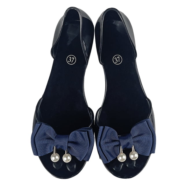 Bmisegm Ladies Summer Pearl Bow Jelly Beach Large Size Flat Transparent Sandals Single Shoes Womens Sandals Summer Black 6.5