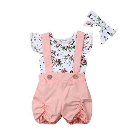 Romper Onesies - Newborn Baby Girls Floral Print Ruffled Sleeve Romper Onesies Pink Suspender Pants with Headband 3PCS Outfits Set