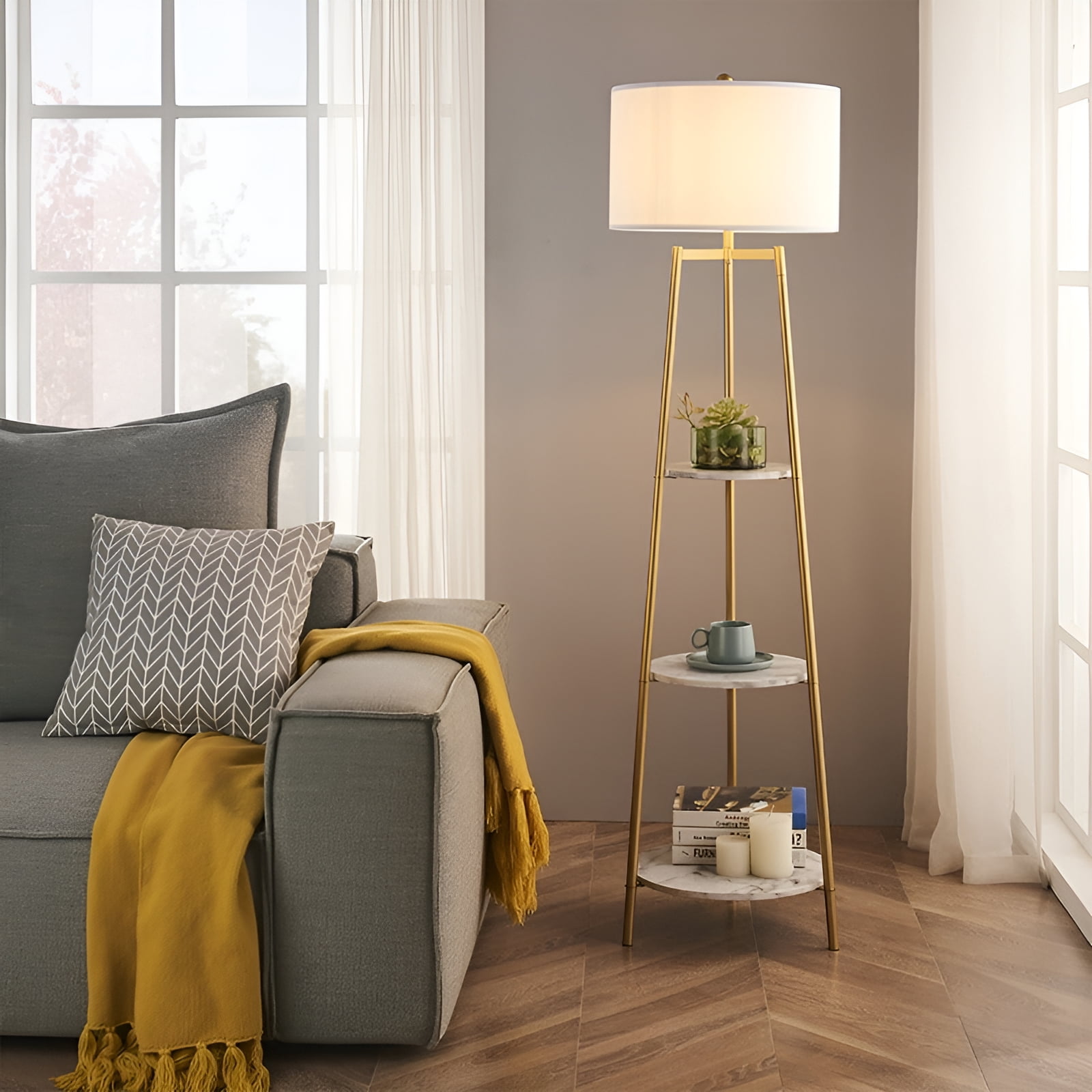 Rosen Garden LT7031 Floor Lamp with Round Shelves -  Gold