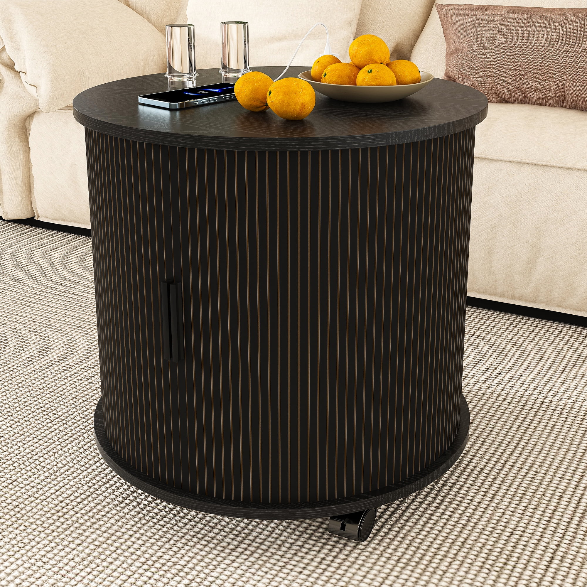 Cylinder End Table with Built-in Charging Station & Sliding Door, 2-Tier Storage Round Nightstand with USB Ports, Bedside Table for Living Room, Bedroom, Entryway