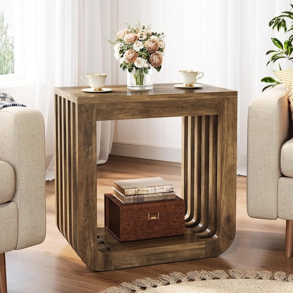 Finmind Slatted Narrow Side Table, Farmhouse 2-Tier End Table with Open Frame, Wooden Rustic Accent Sofa Table for Living Room, Bedroom, Small Spaces, Brown