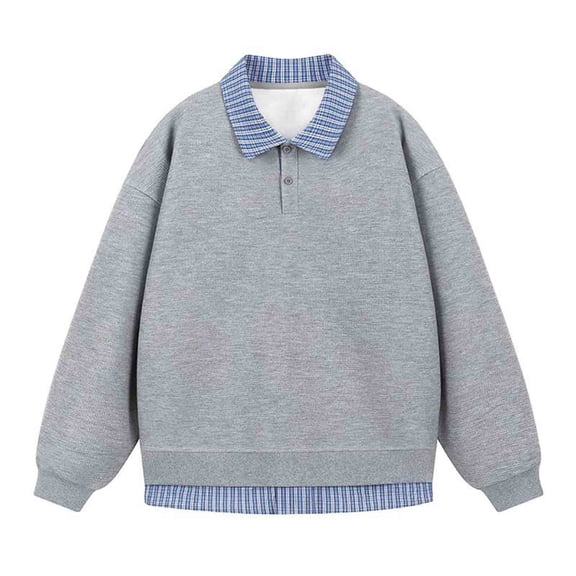 Mrmaere Layered Plaid Collar Sweatshirt Men Casual Long Sleeve Loose Pullover Top Gray L