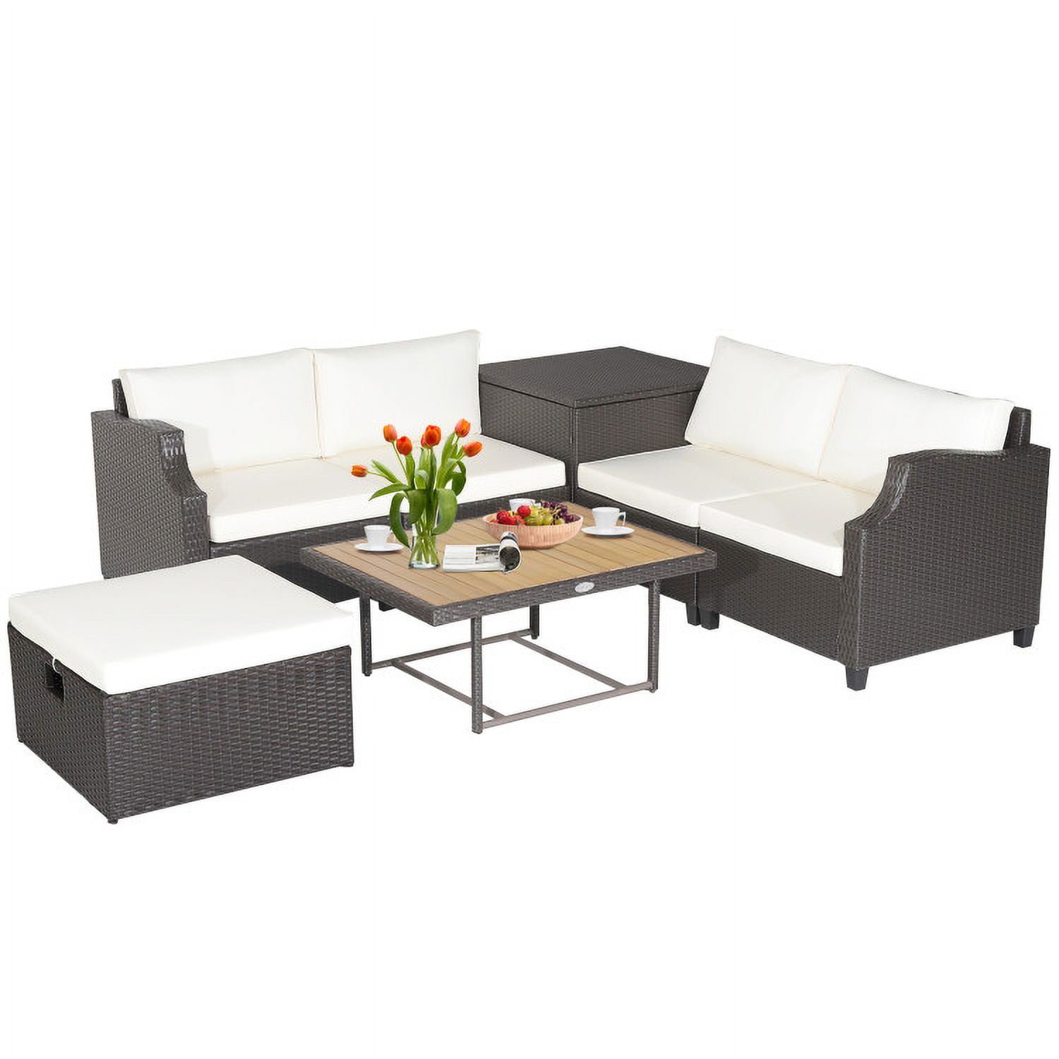 Aimee Lii 7 Pieces Hand-Woven Wicker Outdoor Furniture Set with Acacia Wood Coffee Table, Outdoor Patio Set, White Aimee Lii 7 Pieces Hand-Woven Wicker Outdoor Furniture Set with Acacia Wood Coffee Table, Outdoor Patio Set, White
