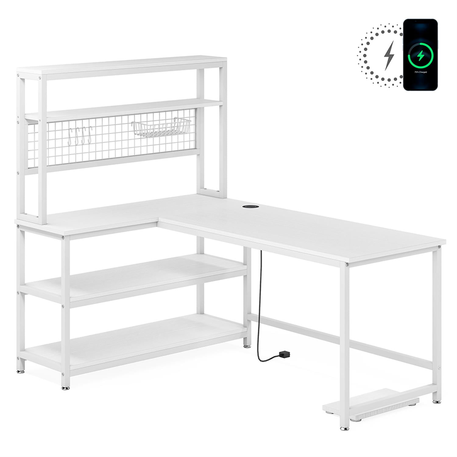 Demi Bonn 55" Computer Desk with Wireless Charging, Office Desk with Shelves, Reversible L-Shaped Gaming Desk, Corner Desk with Storage, Work Desk, White