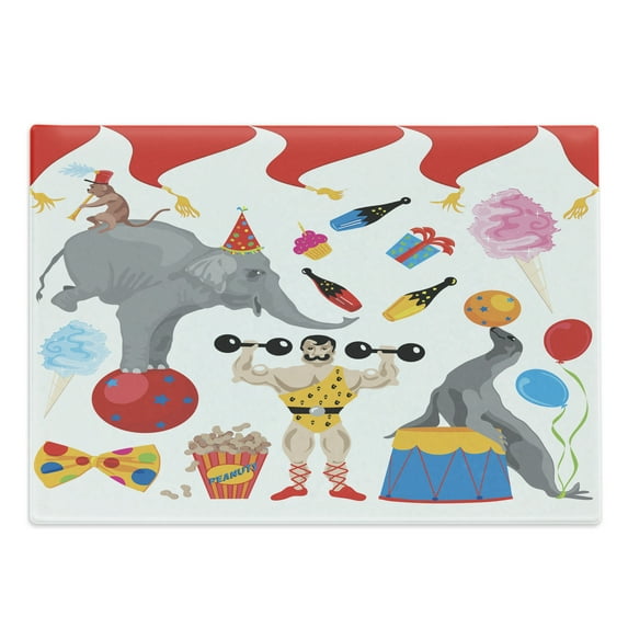 Circus Cutting Board, Fun Demonstration of Elephant Monkey and a Man Performing Around Celebrating, Decorative Tempered Glass Cutting and Serving Board, in 3 Sizes, by Ambesonne