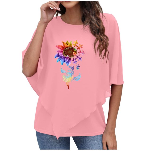 Blusa superior de cuello redondo de gasa con estampado de carillón de girasol de verano Sexy informal a la moda para mujer Fridja ghk249
