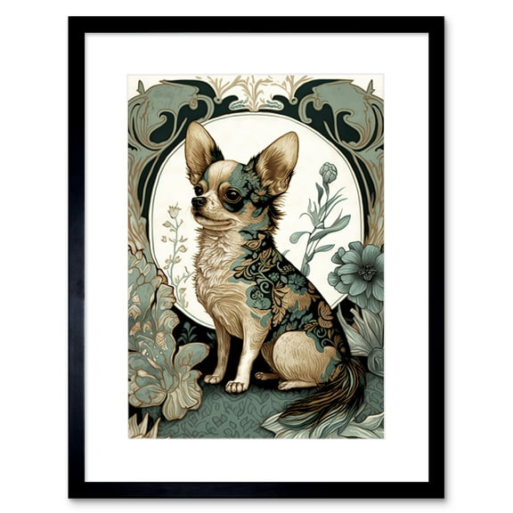 Chihuahua Dog With Floral Pattern Fur Coat Modern Art Nouveau Portrait Illustration Artwork Framed Wall Art Print 9X7 Inch