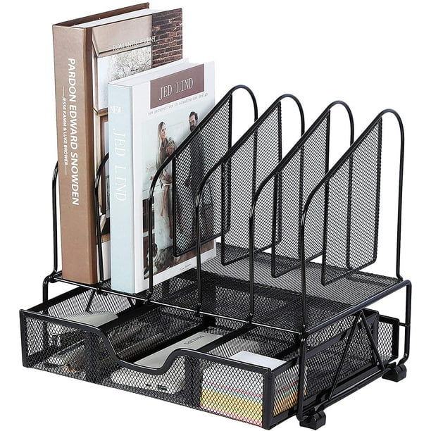 Organizadores de escritorio de oficina y accesorios con cajón, 5 ranuras verticales Carpeta de archivos Organizador de escritorio de almacenamiento, Suministros de escritorio de malla Estante de organ Namotu CZBG-XM101