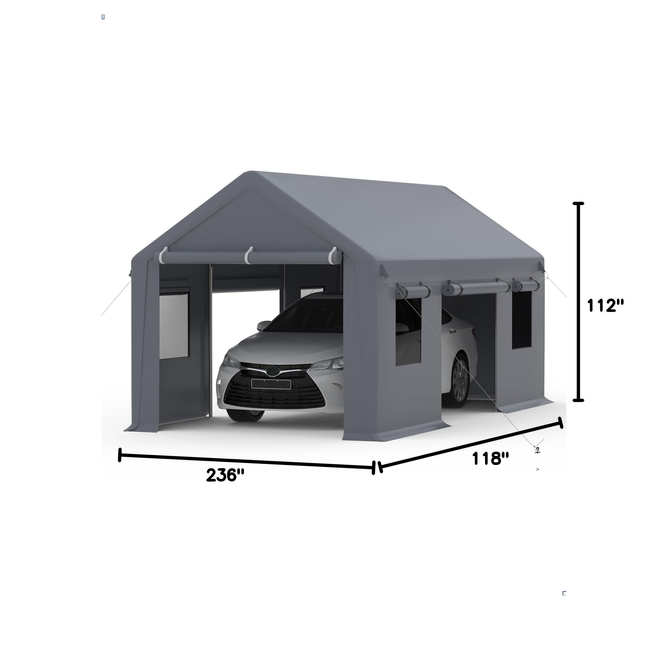 Riedhoff 10x20 ft Carport with 180g PE Tarp & Roll-up Doors for Sedans,Motos,ATVs and SUVs,Gray