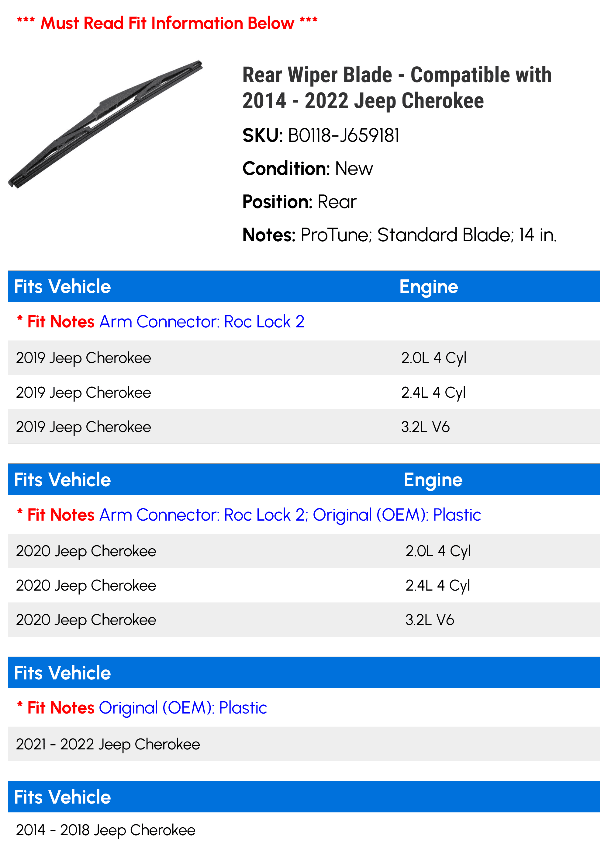 Rear Wiper Blade - Compatible with 2014 - 2022 Jeep Cherokee 2015 2016 2017 2018 2019 2020 2021