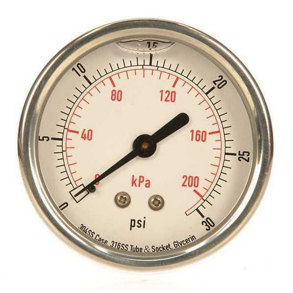 Pressure Gauge, 0 to 30 psi, 1/4 in MNPT, Stainless Steel, Silver(4CFR4)