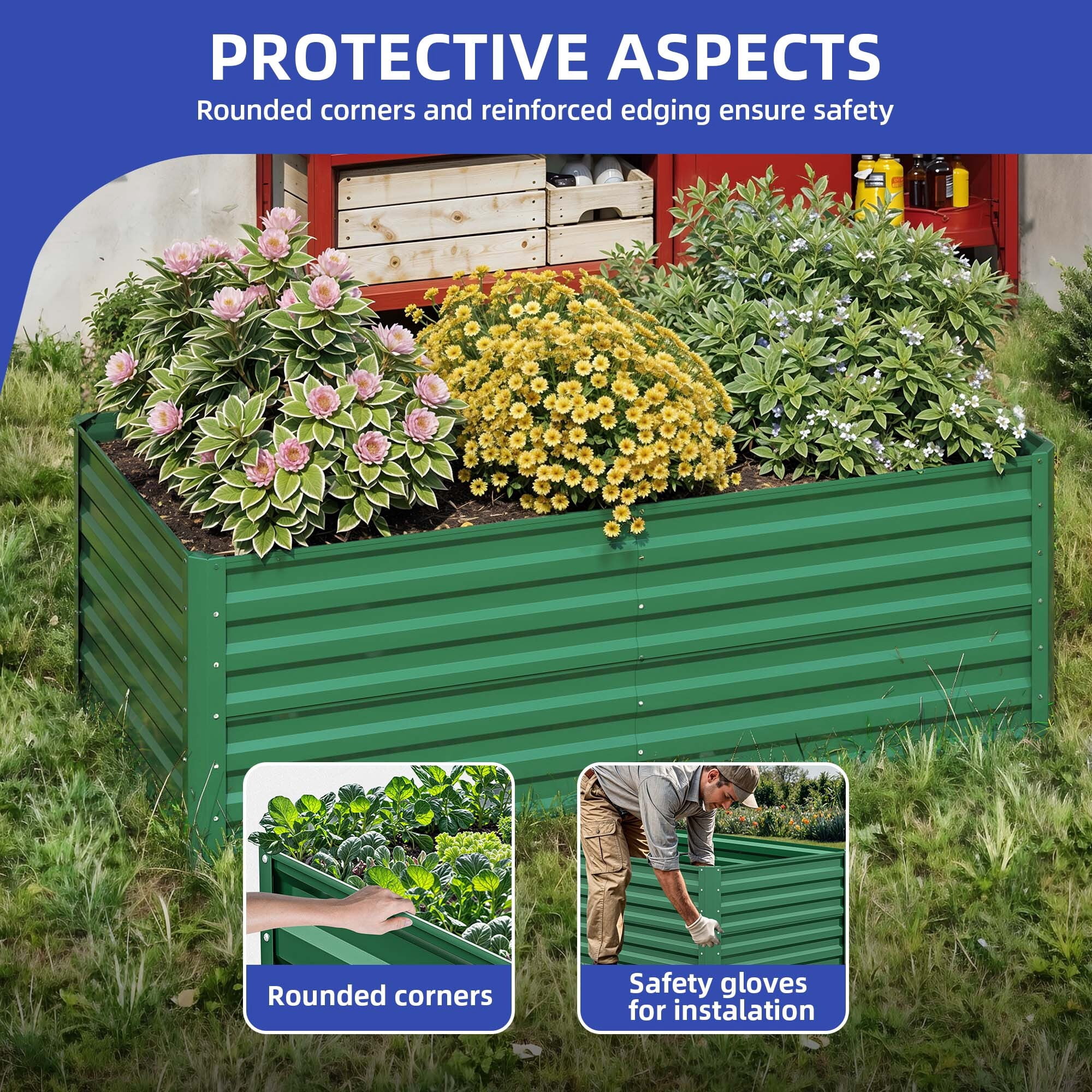 Uforic 6X3X2FT 1 Pack Galvanized Metal Raised Garden Bed Kit with Gardening Gloves & Support Rod, Outdoor Above Ground Planter Box for Plants Vegetables Flowers, Green