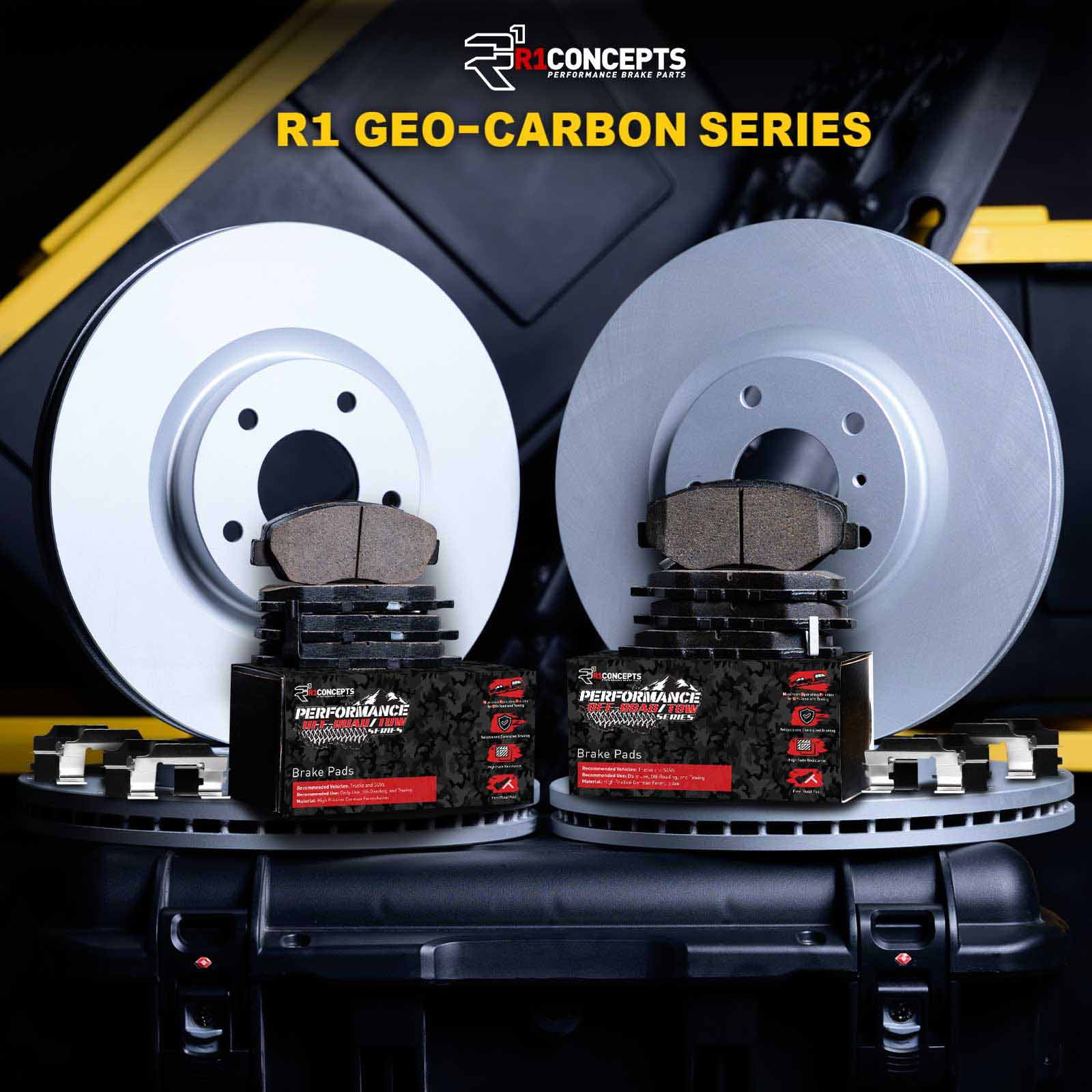 R1 Concepts WDVH2-40002 Front Brakes and Rotors Carbon Series G3000 Performance Off-Road For, 4 Brake Rotors and 8 Pads with Hardware kit