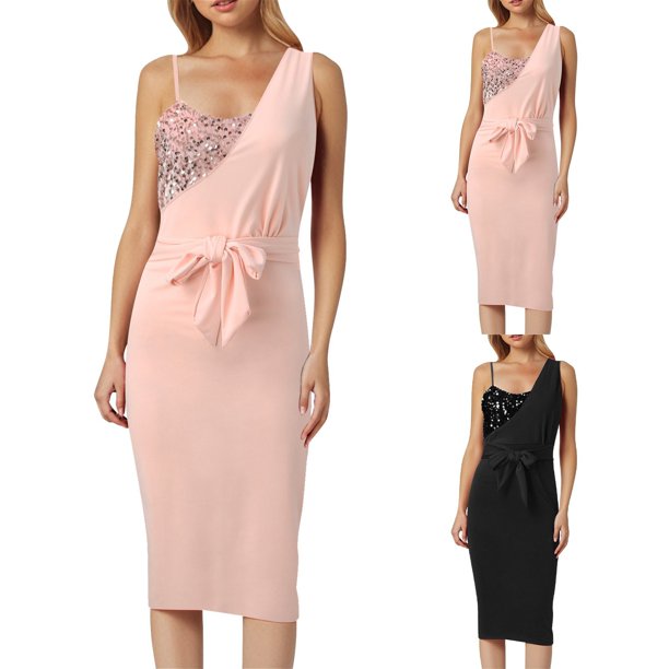 WILLBEST Vestidos de Verano para Mujer Vestidos de Mujer sin Mangas Un Hombro Vestido Irregular con Lentejuelas Vestido Cruzado Vestido con Cinturón Mediana