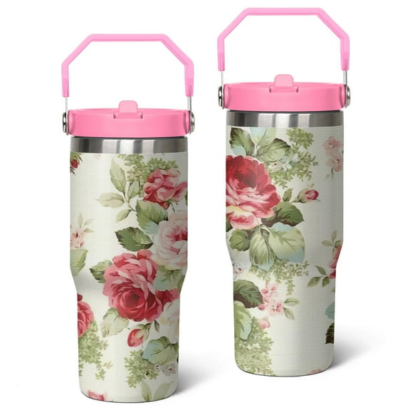 30oz Colorful Floral Stainless Steel Tumbler with Top Handle,Pioneer Travel Coffee Mug Flip Straw Cup,Gifts for Women Girls Men Adults（pink）