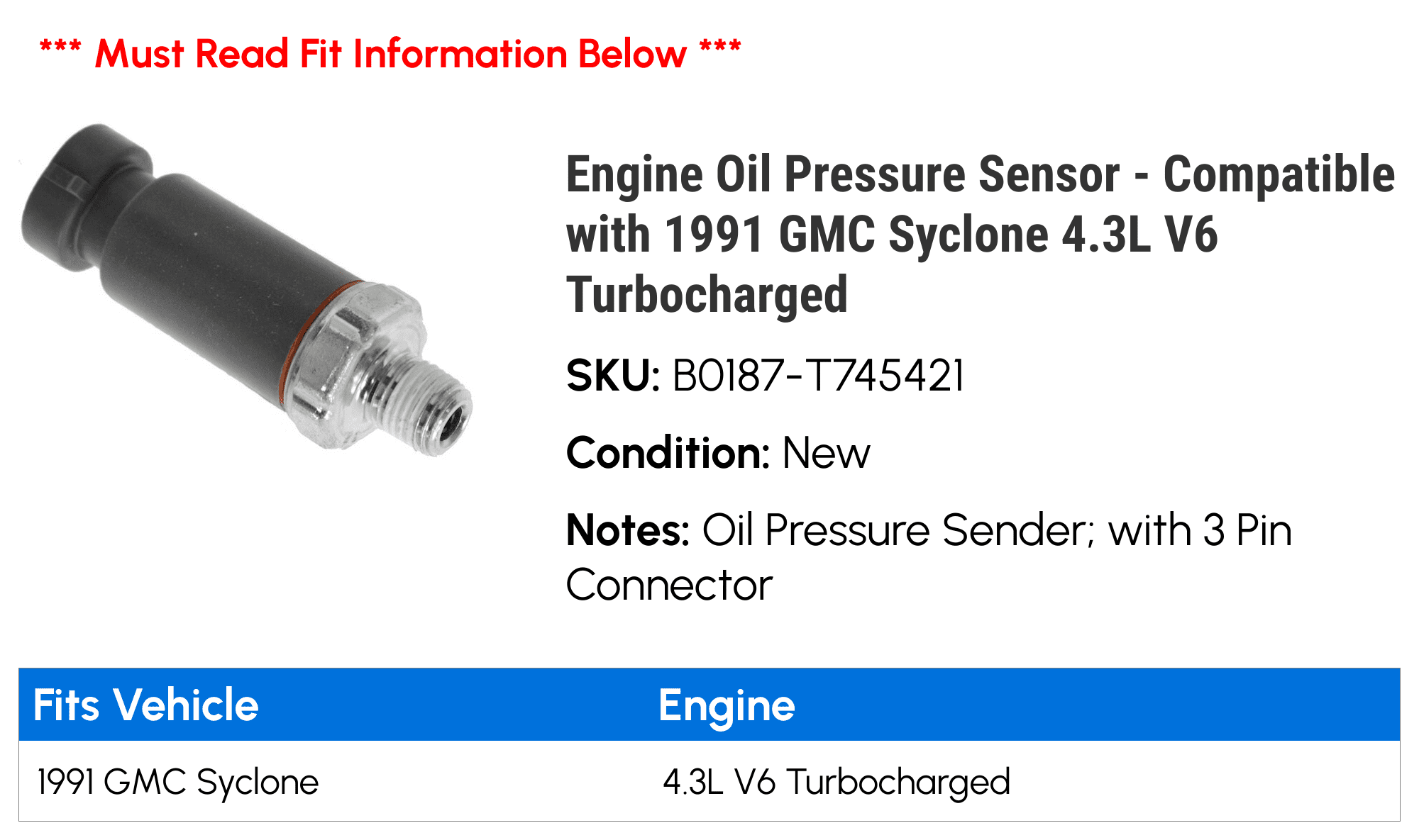 Engine Oil Pressure Sensor - Compatible with 1991 GMC Syclone 4.3L V6 Turbocharged
