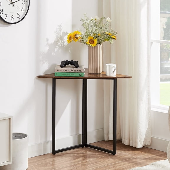 VECELO 22.4" Small Corner Table, Space Saving Triangle Vanity Desk, Computer Desk with Sturdy Steel Frame, Brown