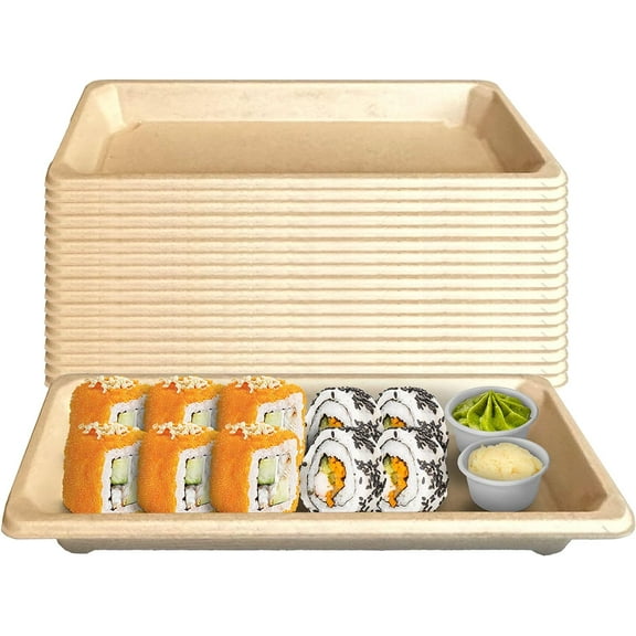 EcoQuality Compostable Sushi Trays Small - Natural Sugarcane Bagasse Take Out Sushi Container - Biodegradable Disposable Sushi Plate Eco Friendly Plastic Alternative To go Serving Tray (25 PACK)