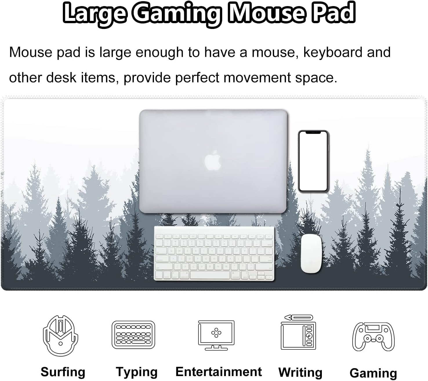 Fir Tree Large Gaming Mouse Pad (35.4×15.7 in, 3mm Thick), Non-Slip Rubber Base and Reinforced Lock Edges, XXL Extended Mousepad for Work, Game, Desk mat, Desktop Decoration