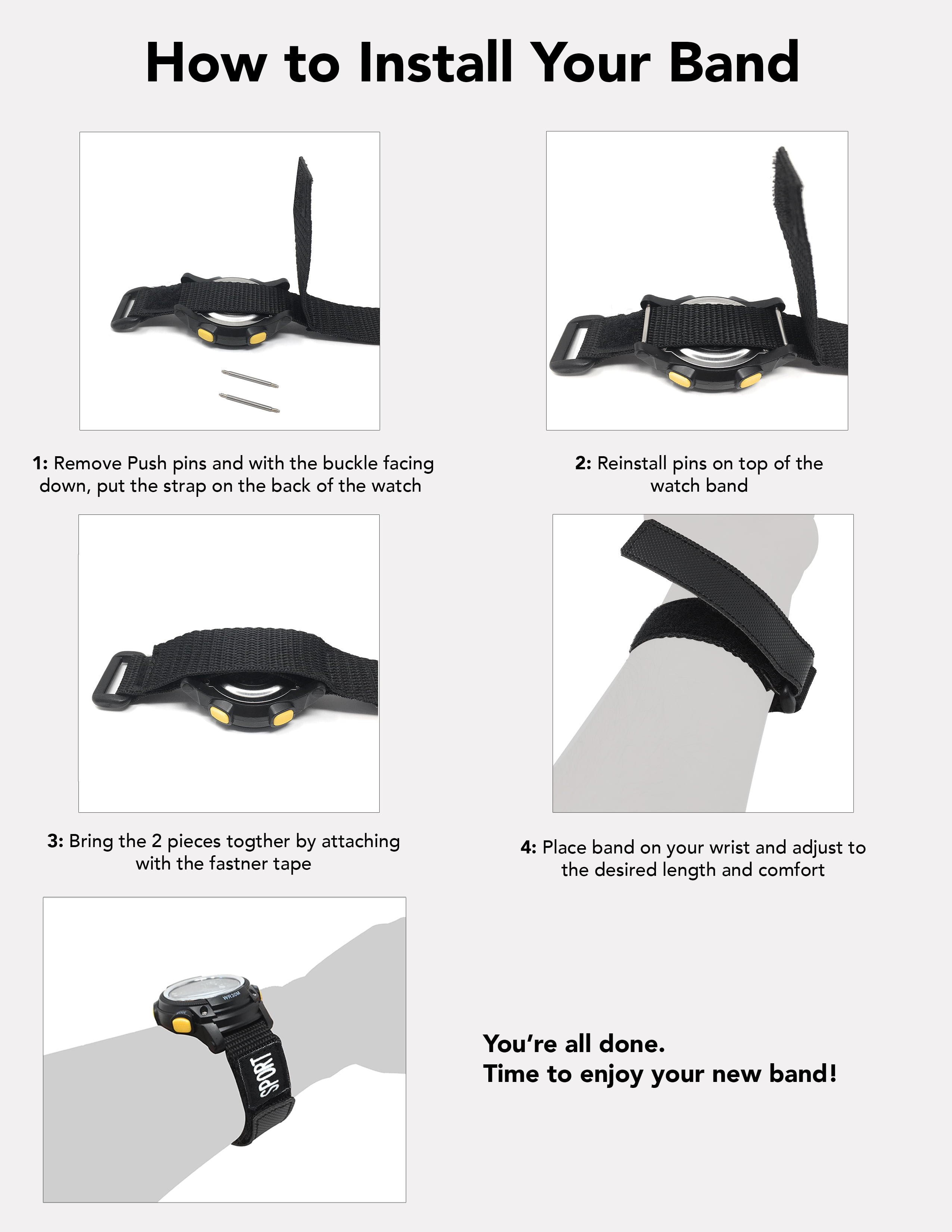 Bandini 18mm Nylon Sports Watch Band Strap Black Hook Loop Velcro