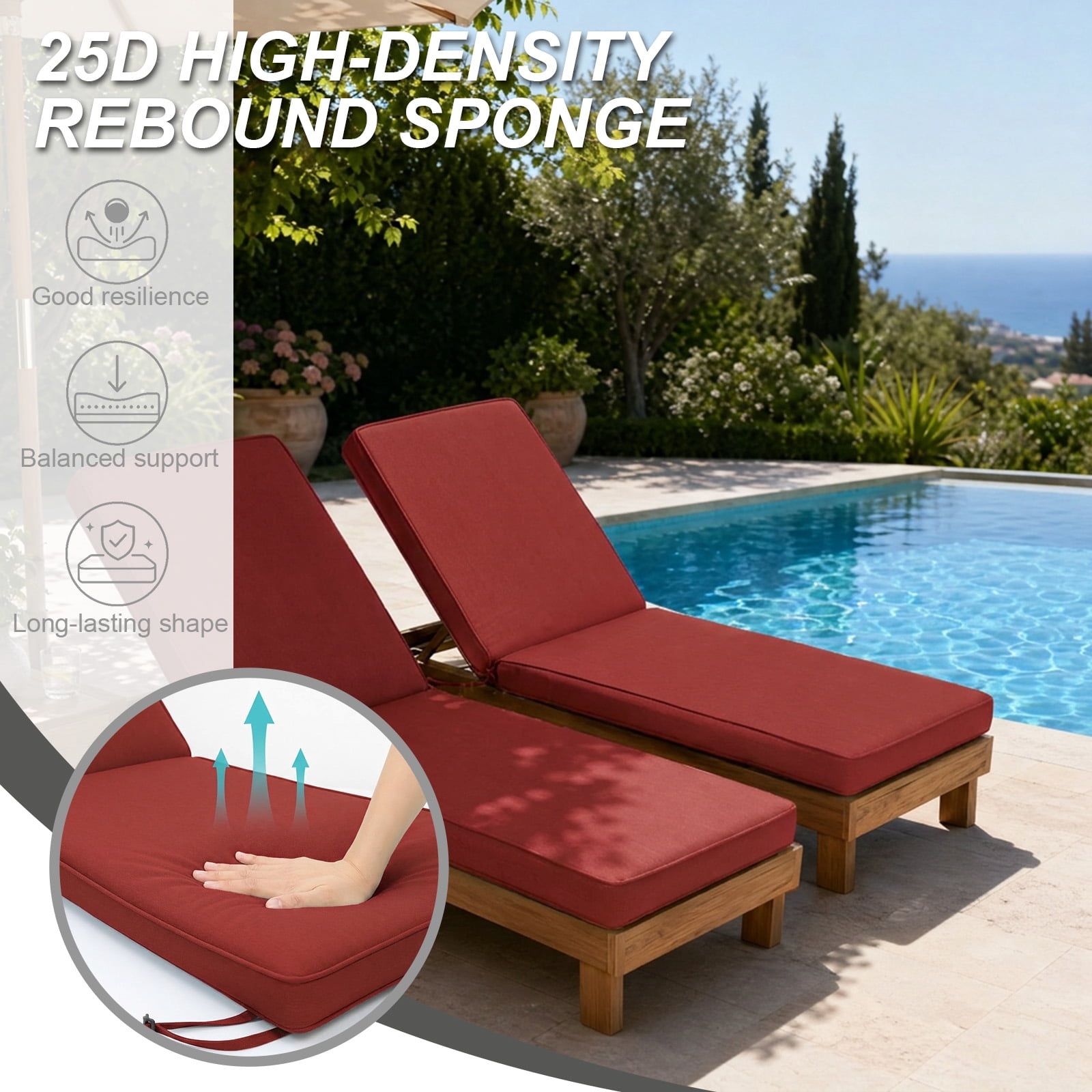 BPS 72" x 21" x 3" Outdoor Chaise Lounge Cushion, Fade & Water Resistant Patio Chair Cushion, Set of 2 - Red