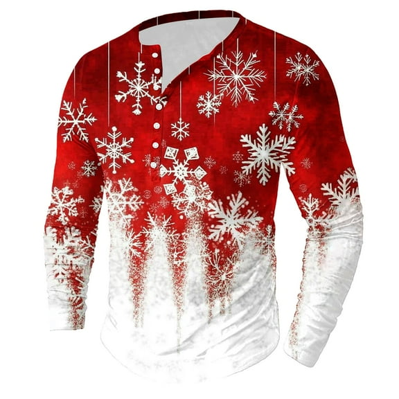 Brondbend Men's Tops Christmas Men Shirts Long Sleeved Crew Neck Button Pullover Print Comfy Trendy Blouse Regular Fit Going out Clothes Red