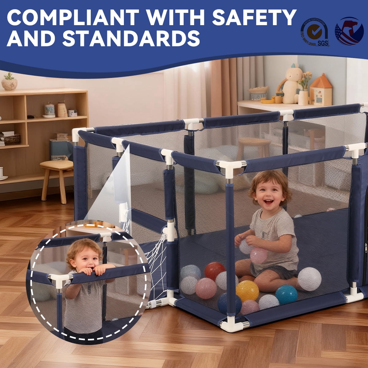 Baby Playpen,71x48inch Large Play Yard for Babies Toddlers, Sturdy Safety Baby Play Area Center Twins, Blue