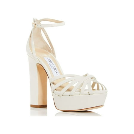 JIMMY CHOO Womens Ivory 1" Platform Adjustable Ankle Strap Peep Toe Block Heel Buckle Leather Dress Heels Shoes 39.5