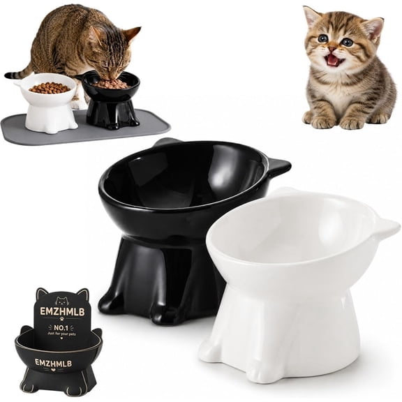Ergonomic Elevated Cat Bowl, Raised Ceramic Cat Food and Water Bowl for Indoor Cats 15 Degree Tilt Design Anti-Vomiting & Spine Protection Pet Feeder Suit for Wet or Dry Food(1pc Black 1pc White)M