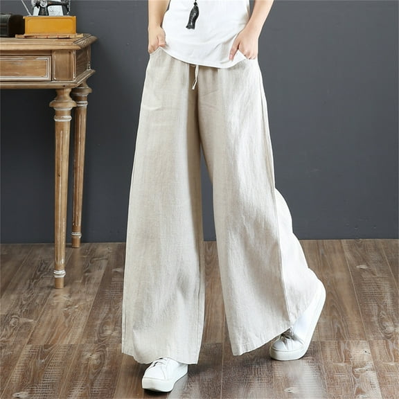 IDALL Linen Pants Women Wide Leg Pants Woman Women Summer High Waisted Cotton Palazzo Pants Wide Leg Long Pant Trousers With Pocket Beach Pants Plus Size Pants Beige L
