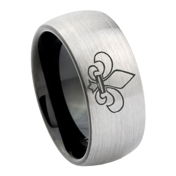 Tungsten Fleur De Lis 8mm Brushed Gray Dome Polished Black Men Ring