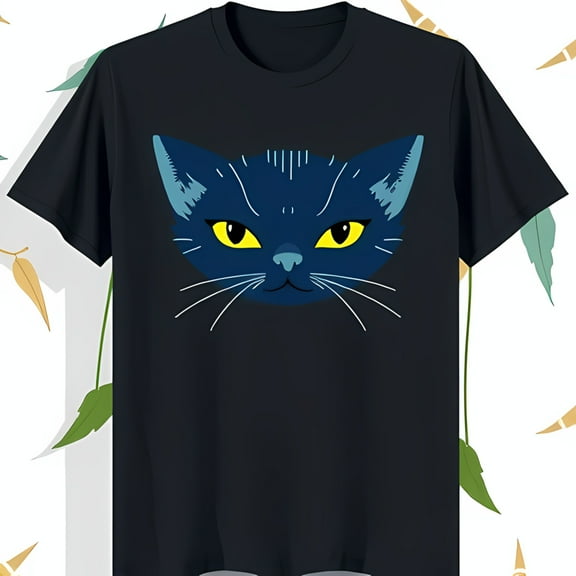 Minimalist Black Cat Face Graphic T-Shirt with Bright Yellow Eyes Stylish Blue Tee