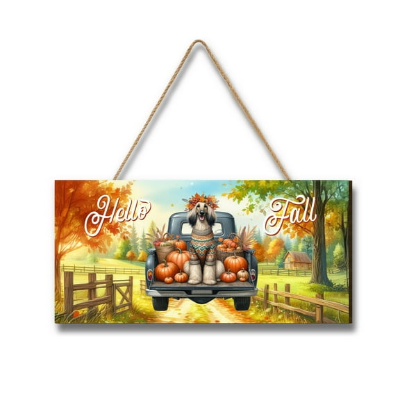 Hello Fall Autumn Afghan Hound Pumpkins Pickup Truck Landscape Wood Sign Dog Lover Hanging Wall Home Decor - 13011