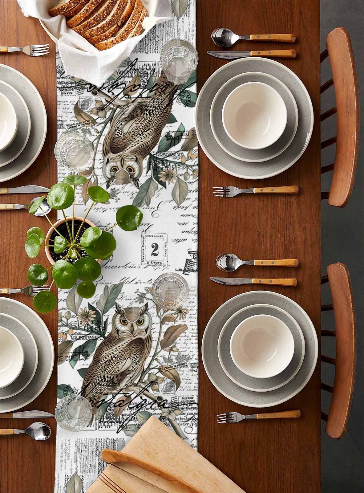 Ldtrchee Farmhouse Owl Table Runner 36 Inches, Country Envelope Postmark Botancial Bed Runner Dresser Scarves Tabletop for Indoor Outdoor Parties/Ceremony/Banquet, 13"x 36"